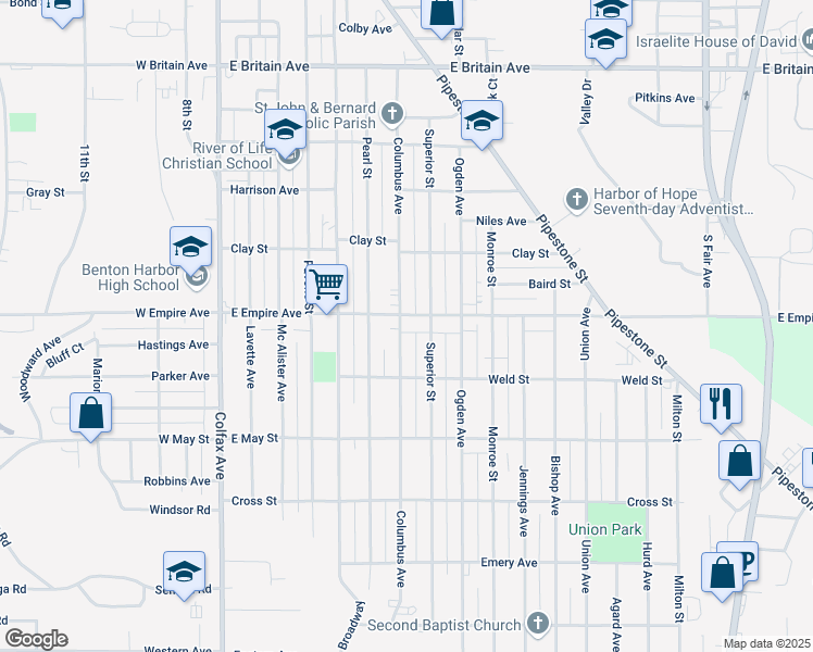 map of restaurants, bars, coffee shops, grocery stores, and more near 878 Superior Street in Benton Harbor