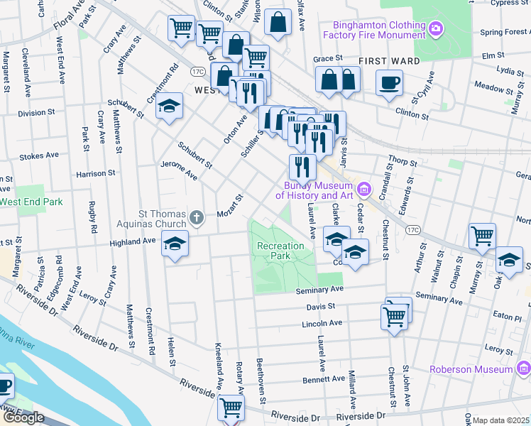 map of restaurants, bars, coffee shops, grocery stores, and more near 33 Schubert Street in Binghamton