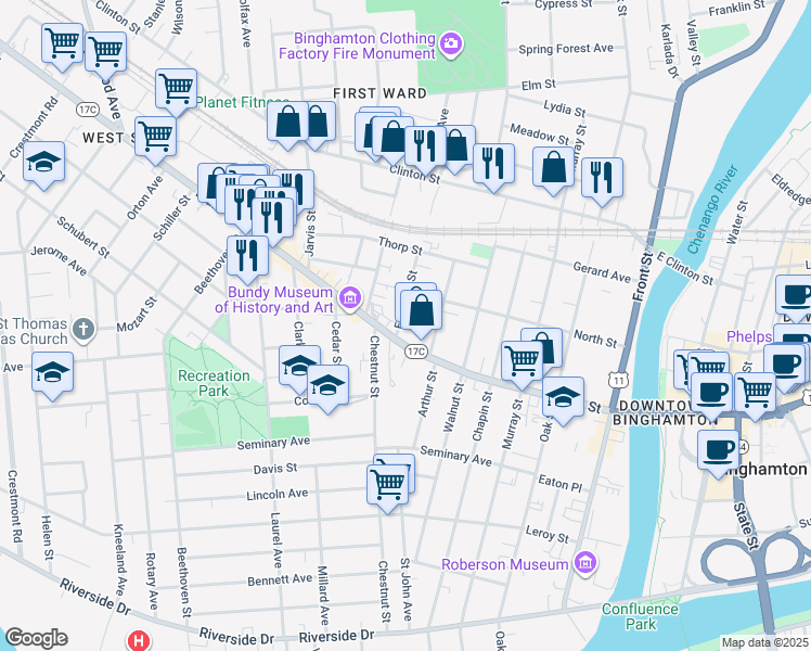 map of restaurants, bars, coffee shops, grocery stores, and more near 4 Edwards Street in Binghamton