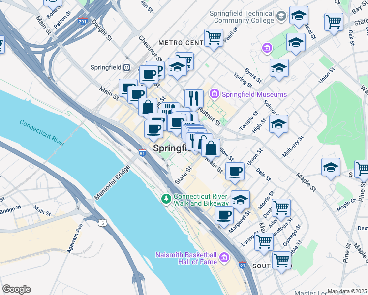 map of restaurants, bars, coffee shops, grocery stores, and more near 14 Elm Street in Springfield