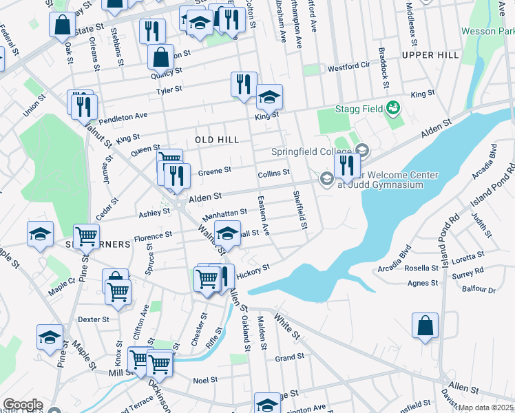 map of restaurants, bars, coffee shops, grocery stores, and more near 336 Eastern Avenue in Springfield