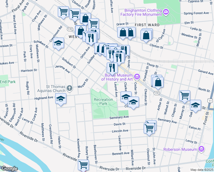 map of restaurants, bars, coffee shops, grocery stores, and more near 33 Mendelssohn Street in Binghamton