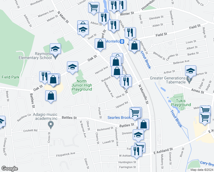 map of restaurants, bars, coffee shops, grocery stores, and more near 30 Holbrook Avenue in Brockton