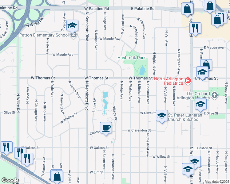 map of restaurants, bars, coffee shops, grocery stores, and more near 1457 Village Drive in Arlington Heights