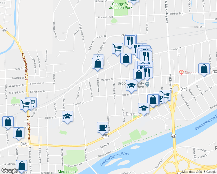 map of restaurants, bars, coffee shops, grocery stores, and more near 109 Harrison Avenue in Endicott