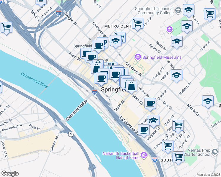 map of restaurants, bars, coffee shops, grocery stores, and more near 36 Court Street in Springfield