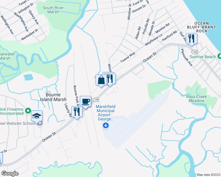 map of restaurants, bars, coffee shops, grocery stores, and more near 1179 Ocean Street in Marshfield
