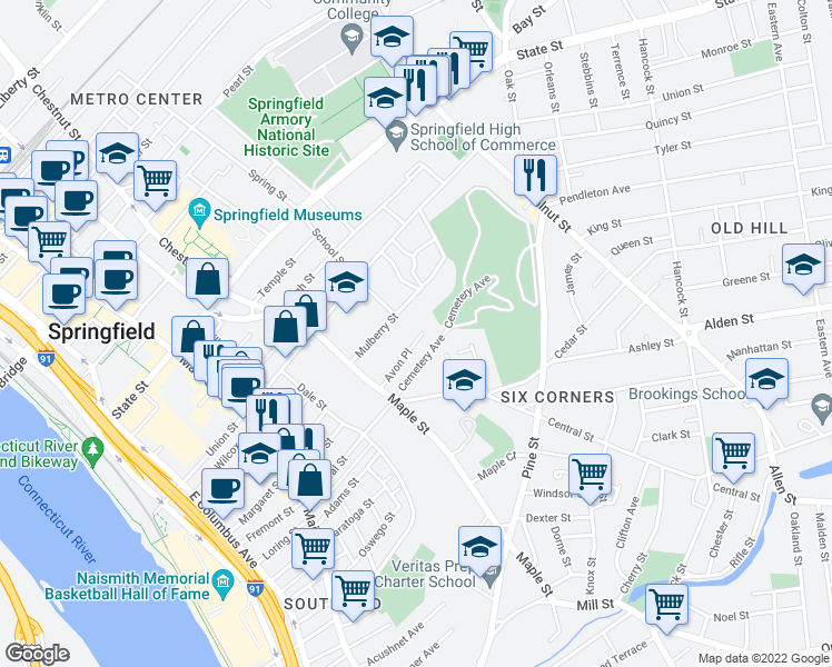 map of restaurants, bars, coffee shops, grocery stores, and more near 67 Mulberry Street in Springfield