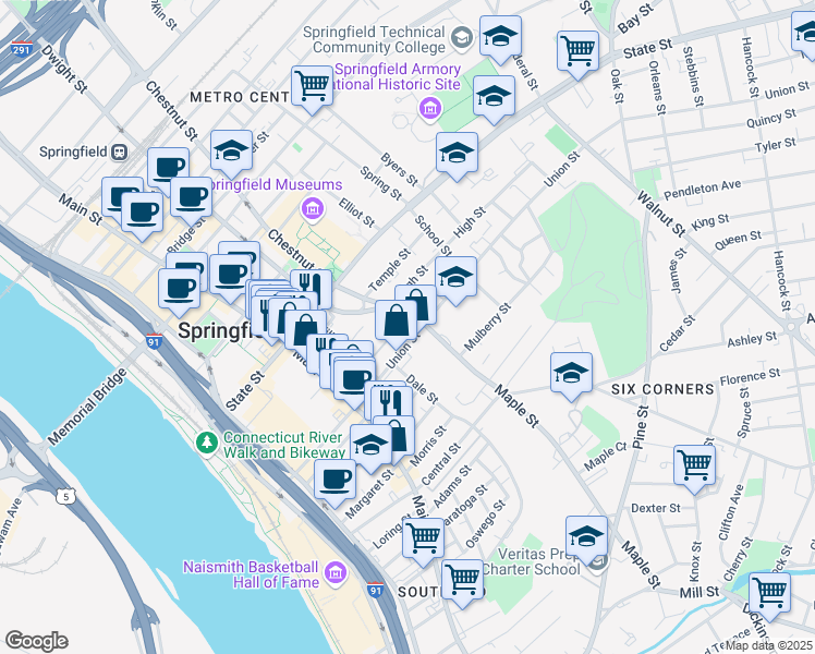 map of restaurants, bars, coffee shops, grocery stores, and more near 77 Maple Street in Springfield