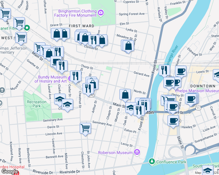 map of restaurants, bars, coffee shops, grocery stores, and more near 102 Walnut Street in Binghamton