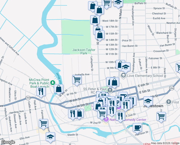 map of restaurants, bars, coffee shops, grocery stores, and more near 862 Lafayette Street in Jamestown