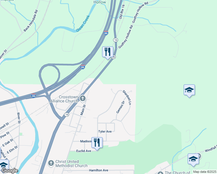 map of restaurants, bars, coffee shops, grocery stores, and more near 3 Skyview Drive in Olean