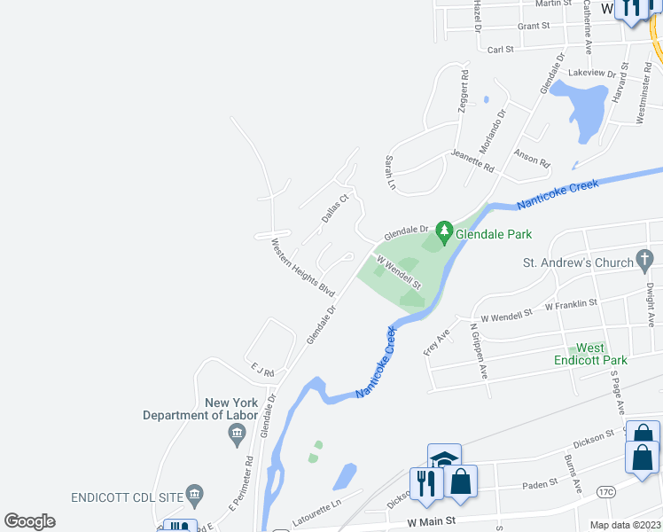 map of restaurants, bars, coffee shops, grocery stores, and more near Cove Avenue in Endicott