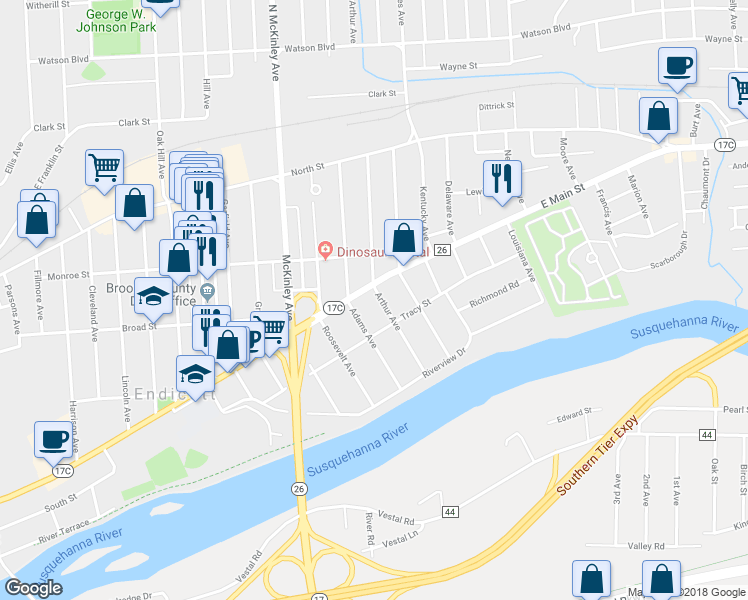 map of restaurants, bars, coffee shops, grocery stores, and more near 306 Arthur Avenue in Endicott