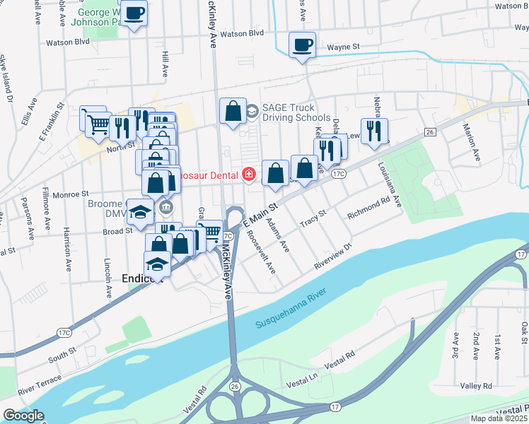 map of restaurants, bars, coffee shops, grocery stores, and more near East Main Street & Adams Avenue in Endicott