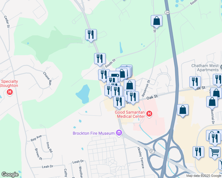 map of restaurants, bars, coffee shops, grocery stores, and more near 349 North Pearl Street in Stoughton