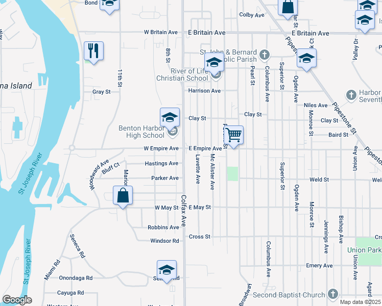 map of restaurants, bars, coffee shops, grocery stores, and more near 101 East Empire Avenue in Benton Harbor