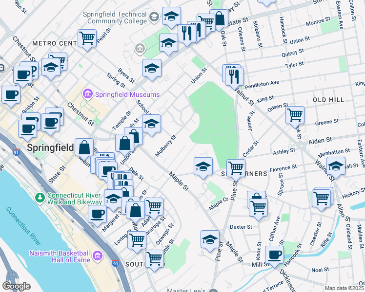 map of restaurants, bars, coffee shops, grocery stores, and more near 62-64 Avon Place in Springfield