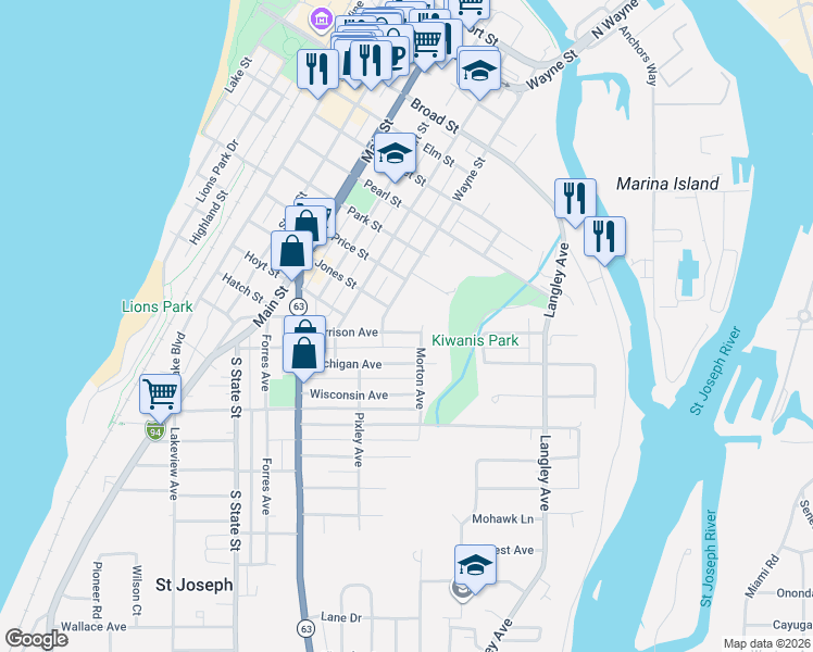 map of restaurants, bars, coffee shops, grocery stores, and more near in St. Joseph