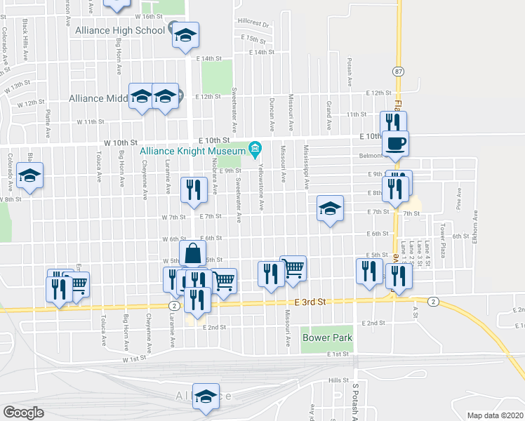 map of restaurants, bars, coffee shops, grocery stores, and more near 719 Yellowstone Avenue in Alliance