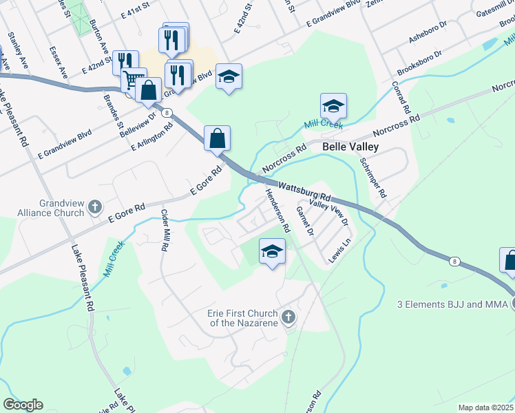 map of restaurants, bars, coffee shops, grocery stores, and more near 1440 Bear Creek Lane in Erie