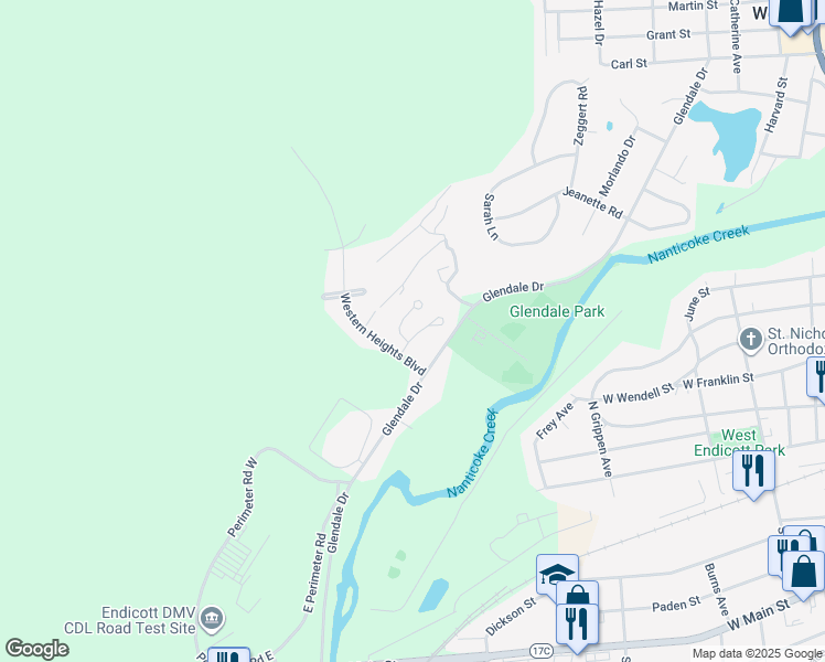 map of restaurants, bars, coffee shops, grocery stores, and more near 7 Endicott Avenue in Johnson City