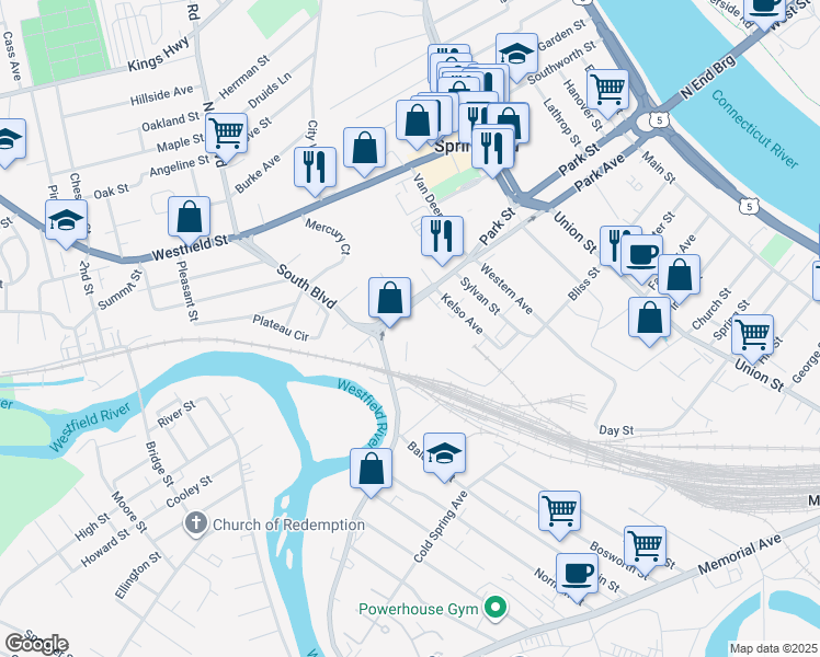 map of restaurants, bars, coffee shops, grocery stores, and more near 333 Park Street in West Springfield