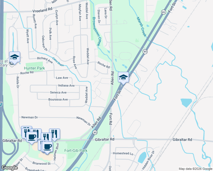 map of restaurants, bars, coffee shops, grocery stores, and more near 20036 Village Green Court in Brownstown Charter Township