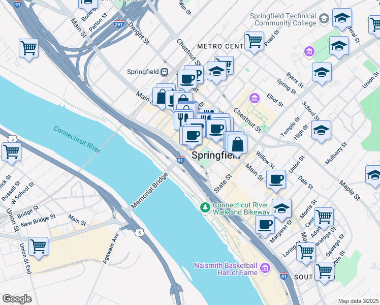 map of restaurants, bars, coffee shops, grocery stores, and more near 1414 Main Street in Springfield