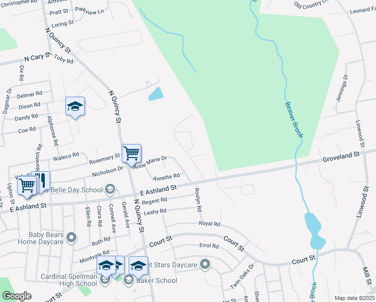 map of restaurants, bars, coffee shops, grocery stores, and more near 1 Raintree Circle in Brockton