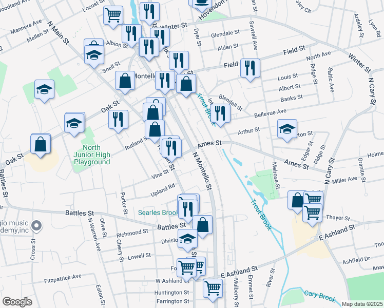 map of restaurants, bars, coffee shops, grocery stores, and more near 705 North Montello Street in Brockton