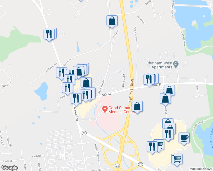 map of restaurants, bars, coffee shops, grocery stores, and more near 71 Pine Grove Drive in Brockton