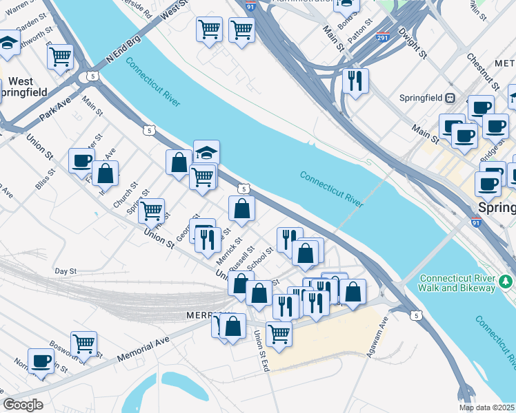 map of restaurants, bars, coffee shops, grocery stores, and more near 36 Colton Avenue in West Springfield