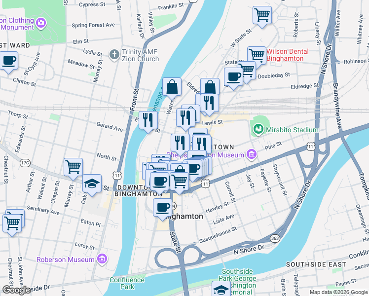 map of restaurants, bars, coffee shops, grocery stores, and more near 250 Washington Street in Binghamton