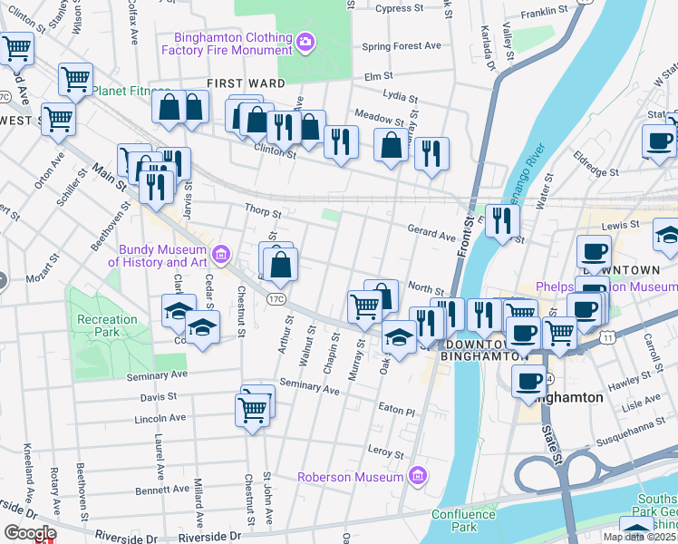 map of restaurants, bars, coffee shops, grocery stores, and more near 102 Walnut Street in Binghamton