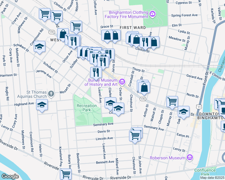 map of restaurants, bars, coffee shops, grocery stores, and more near 42 Clarke Street in Binghamton