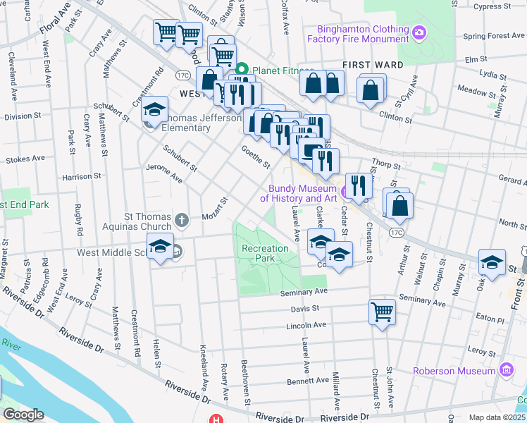 map of restaurants, bars, coffee shops, grocery stores, and more near 13 Haendel Street in Binghamton