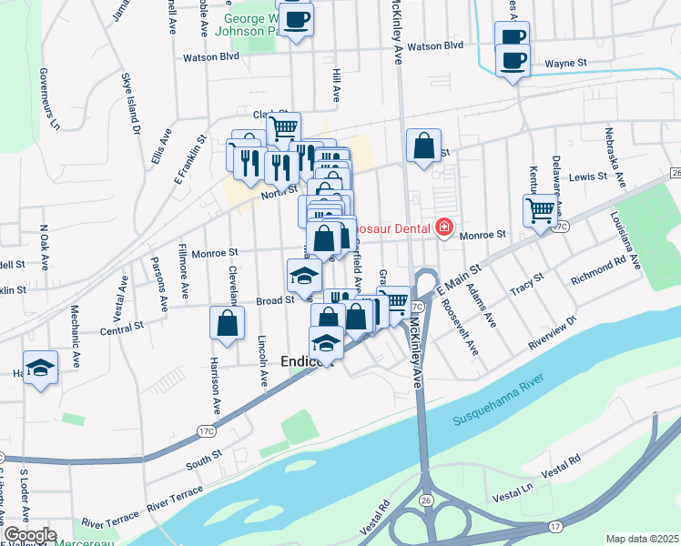 map of restaurants, bars, coffee shops, grocery stores, and more near 110 Washington Avenue in Endicott