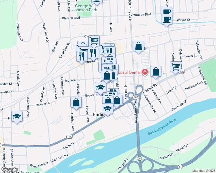 map of restaurants, bars, coffee shops, grocery stores, and more near 110 Washington Avenue in Endicott
