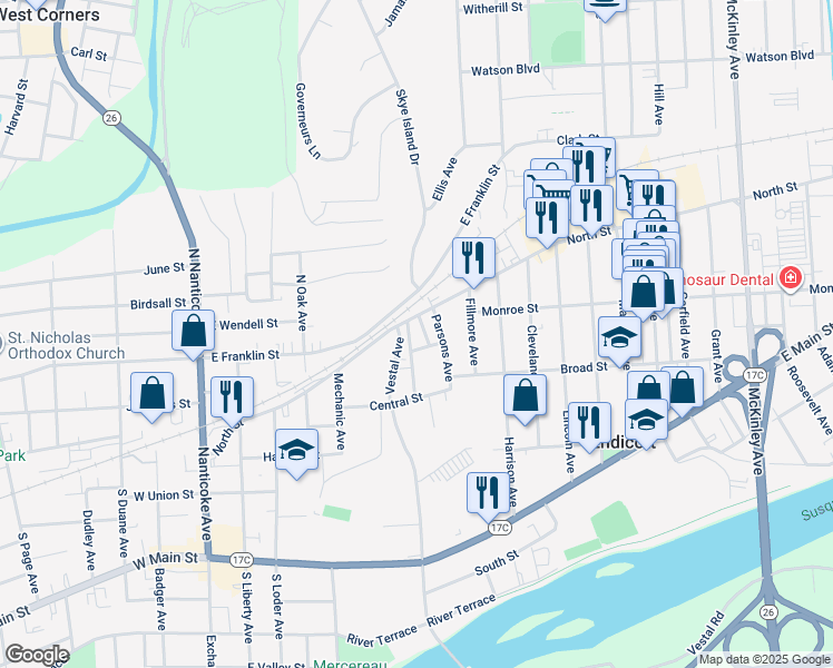 map of restaurants, bars, coffee shops, grocery stores, and more near 525 North Street in Endicott
