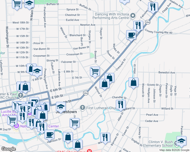 map of restaurants, bars, coffee shops, grocery stores, and more near 30 Bush Street in Jamestown