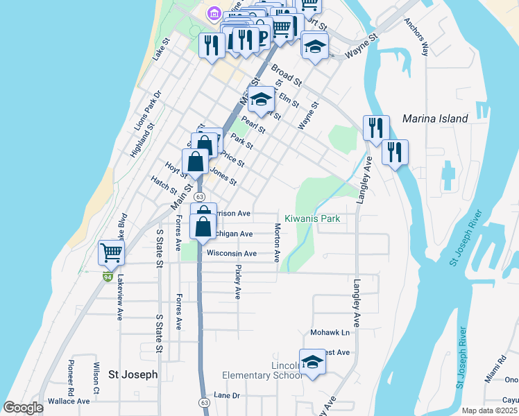 map of restaurants, bars, coffee shops, grocery stores, and more near in St. Joseph