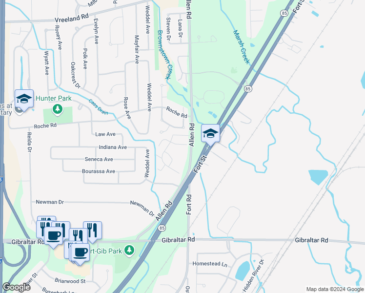 map of restaurants, bars, coffee shops, grocery stores, and more near 20027 Village Green Court in Brownstown Charter Township