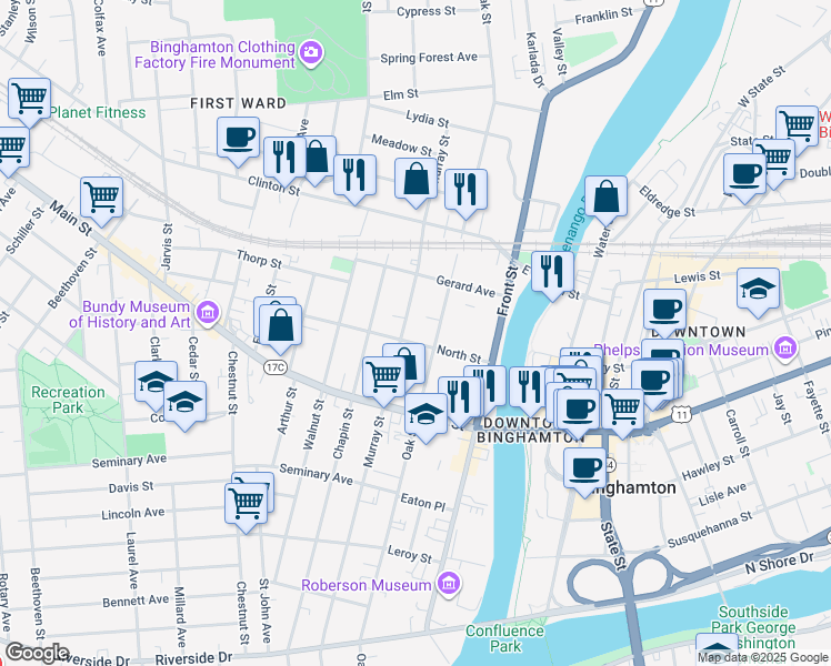 map of restaurants, bars, coffee shops, grocery stores, and more near 18 North Street in Binghamton