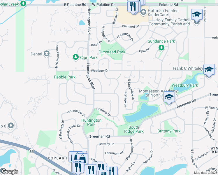 map of restaurants, bars, coffee shops, grocery stores, and more near 4312 Lombardy Court in Hoffman Estates