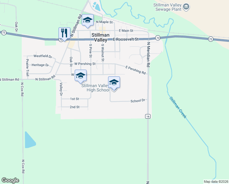 map of restaurants, bars, coffee shops, grocery stores, and more near 425 South Pine Street in Stillman Valley