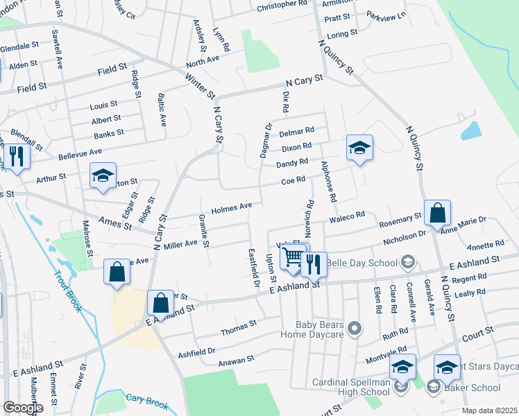 map of restaurants, bars, coffee shops, grocery stores, and more near 120 Holmes Avenue in Brockton