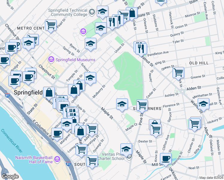 map of restaurants, bars, coffee shops, grocery stores, and more near 75 Avon Place in Springfield
