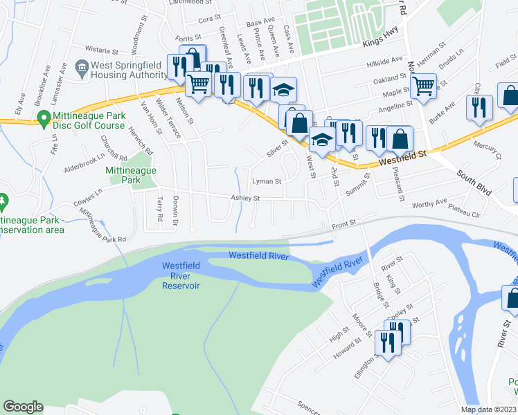 map of restaurants, bars, coffee shops, grocery stores, and more near 15 Guy Place in West Springfield