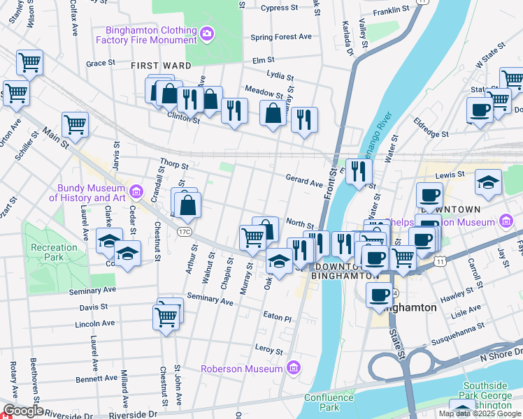 map of restaurants, bars, coffee shops, grocery stores, and more near 172 Chapin Street in Binghamton